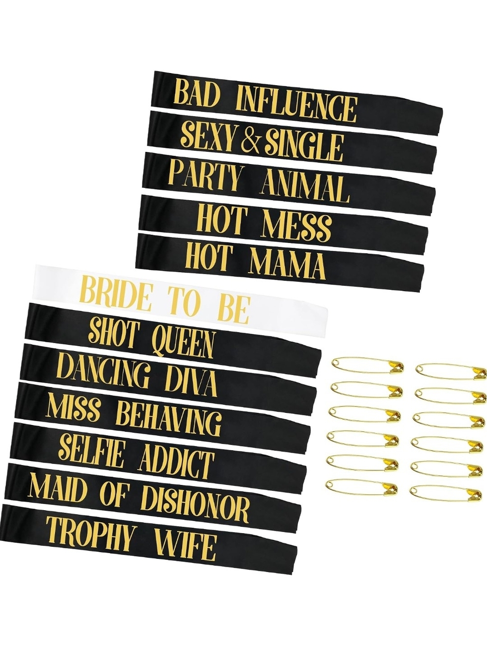 Black Satin Bachelorette Party Sashes with Gold Lettering & Safety Pins
